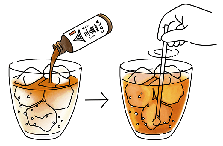 三角（ミカド）クラフトコーラを注いで活気混ぜているイラスト