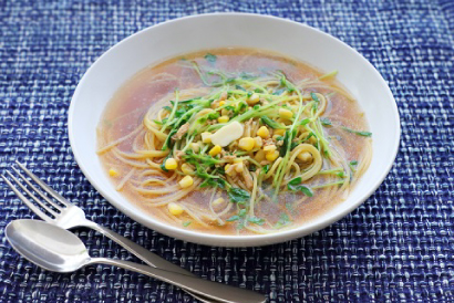 豆苗とツナのワンポットスープパスタ