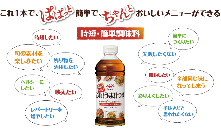これ１本で、ぱぱっとかんたんで、ちゃんとおいしいメニューができる。ヤマサこれ！うま！！つゆ
