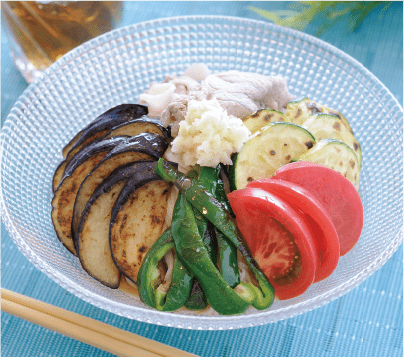 焼き夏野菜とおろししょうがの冷しゃぶそうめん