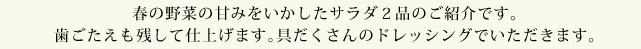 春の野菜の甘みをいかしたサラダ２品のご紹介です。歯ごたえも残して仕上げます。具だくさんのドレッシングでいただきます。