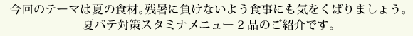 今回のテーマは夏の食材。残暑に負けないよう食事にも気をくばりましょう。夏バテ対策スタミナメニュー2品のご紹介です。