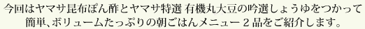 今回はヤマサ昆布ぽん酢とヤマサ特選 有機丸大豆の吟選しょうゆをつかって簡単、ボリュームたっぷりの朝ごはんメニュー2品をご紹介します。