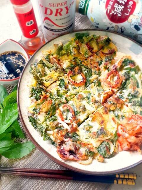 モロヘイヤとイカのチヂミ