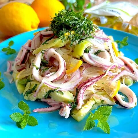 サッパリ イカと茄子の冷製レモンパスタ